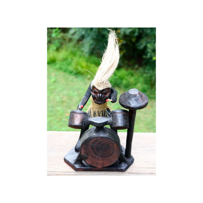 Wooden Handmade Primitive Tribal with Drum Kit Funny Statue Sculpture Tiki Bar Drummer Handcrafted Gift Home Decor Figurine Hand Carved