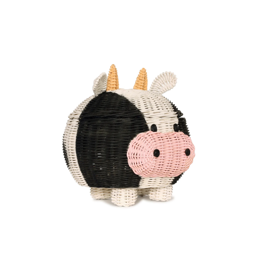 Cow Rattan Storage Basket with Lid Decorative Bin Home Decor Hand Woven Shelf Organizer Cute Handmade Handcrafted Gift Art Decoration Artwork Wicker
