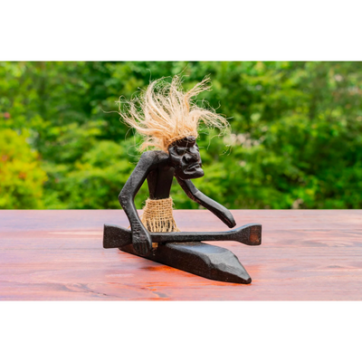 Handmade Wooden Primitive Tribal Kayaking Statue Canoe Funny Sculpture Tiki Bar Handcrafted Unique Gift Decor Accent Figurine Hand Carved