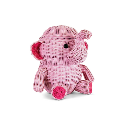 Large Pink Elephant Rattan Storage Basket with Lid Decorative Home Decor Hand Woven Shelf Organizer Cute Handmade Handcrafted Gift Decoration Wicker