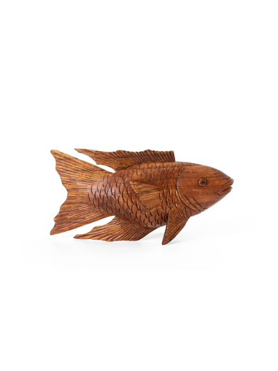 Wooden Hand Carved Koi Fish Statue Figurine Sculpture Art Home Decor Accent Handmade Handcrafted Seaside Tropical Nautical Ocean Coastal Decoration