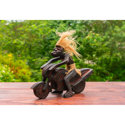 Handmade Wooden Primitive Tribal Funny Riding Motorsport Biker Statue Motorcycle Sculpture Tiki Bar Unique Gift Wood Home Decor Figurine Hand Carved