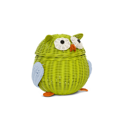 Green Owl Rattan Storage Basket with Lid Decorative Home Decor Hand Woven Shelf Organizer Cute Handmade Handcrafted Gift Art Decoration Artwork Wicker