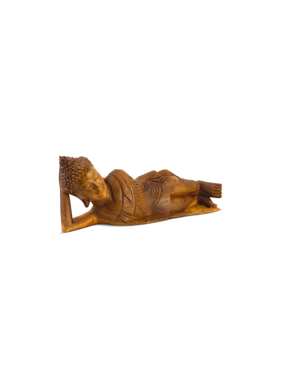 Wooden Hand Carved Serene Reclining Buddha Statue Sculpture Handmade Figurine Decorative Home Decor Accent Handcrafted Traditional Modern Lying Buddha