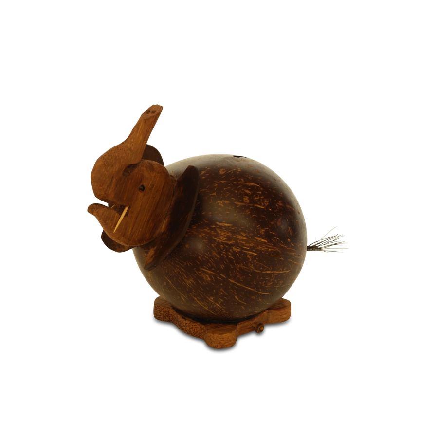 Unique Handmade Coconut Shell Wood Elephant Coin Piggy Bank Handcrafted Wooden Rustic Hand Carved Keepsake Saving Money Adorable Kids Room Decor Gift