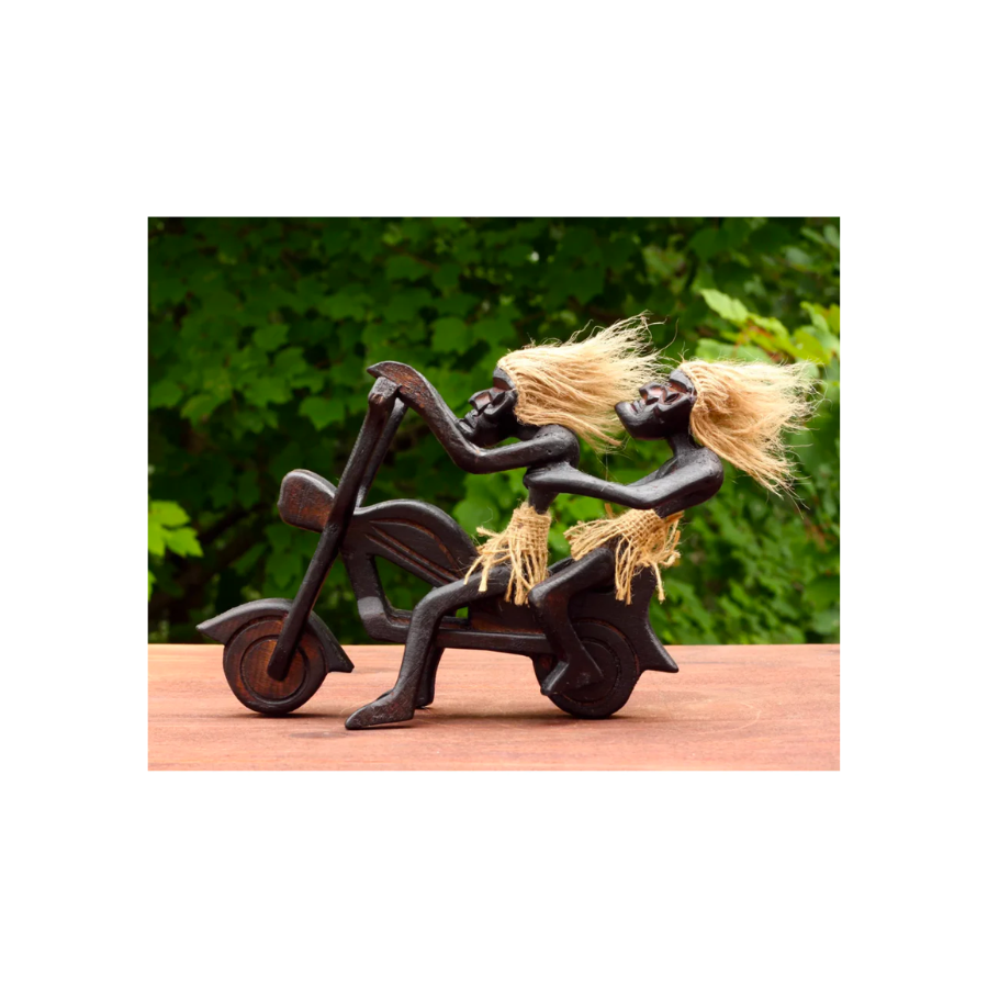 Handmade Wooden Primitive Tribal Funny Riding Harley Davidson Statue Motorcycle Sculpture Tiki Bar Unique Gift Wood Home Decor Figurine Hand Carved