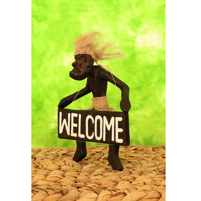 Wooden Handmade Primitive Tribal Statue Holding Welcome Sign Wall Sculpture Tiki Bar Handcrafted Unique Gift Art Decor Figurine Hand Carved