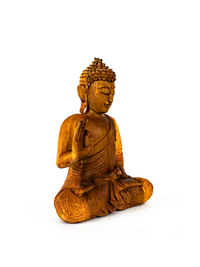 12" Wooden Sitting Buddha Statue Handmade Meditating Sculpture Figurine Home Decor Handcrafted Gift Art Wood Hand Carved Oriental Buddha Abhaya Mudra