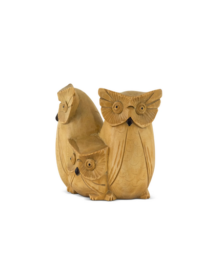 Wooden Handmade Owl and Family Figurine Handcrafted Hoot Statue Art Home Decor Sculpture Hand Carved Decorative Accent Decoration
