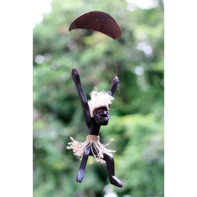 Handmade Wooden Primitive Tribal Funny Statue Skydive Parachute Sculpture Tiki Bar Unique Gift Wood Home Decor Figurine Hand Carved