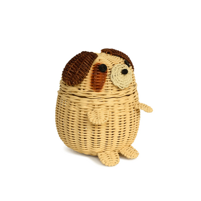 Dog Rattan Storage Basket with Lid Decorative Home Decor Hand Woven Shelf Organizer Cute Handmade Handcrafted Gift Art Decoration Artwork Wicker Puppy
