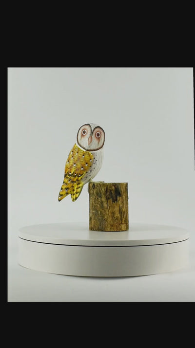 Wooden Hand Carved Yellow Barn Owl Standing on Log Statue Bird Figurine Sculpture Art Decorative Home Decor Accent Gift Handcrafted Decoration Handmade