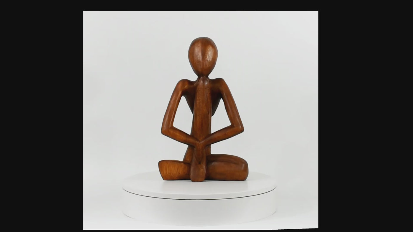 12" Wooden Handmade Abstract Sculpture Handcrafted Art "Praying Man" Statue Home Decor Decorative Yoga Figurine Accent Decoration Gift Hand Carved