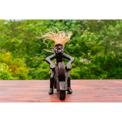 Handmade Wooden Primitive Tribal Funny Riding Motorsport Biker Statue Motorcycle Sculpture Tiki Bar Unique Gift Wood Home Decor Figurine Hand Carved