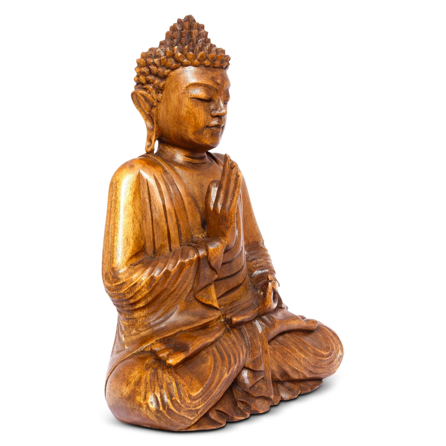 Wooden Serene Sitting Buddha "Vitarka Mudra" Statue Handmade Meditating Sculpture Figurine Home Decor Accent Handcrafted Art Modern Oriental Decor