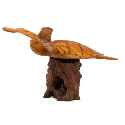 Wooden Hand Carved Turtle on Coral Statue Sculpture Wood Home Decor Figurine Handcrafted Handmade Seaside Tropical Nautical Ocean Coastal Tortoise