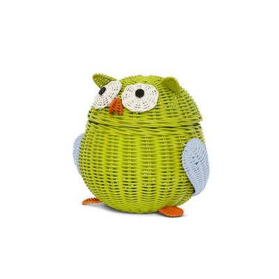Green Owl Rattan Storage Basket with Lid Decorative Home Decor Hand Woven Shelf Organizer Cute Handmade Handcrafted Gift Art Decoration Artwork Wicker