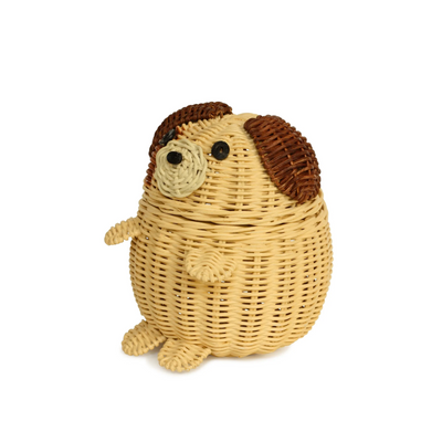 Dog Rattan Storage Basket with Lid Decorative Home Decor Hand Woven Shelf Organizer Cute Handmade Handcrafted Gift Art Decoration Artwork Wicker Puppy