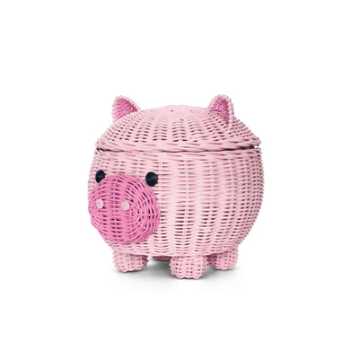 Large Pig Rattan Storage Basket With Lid Hand Woven Shelf Organizer Handmade Gift Cute Piggy Wicker