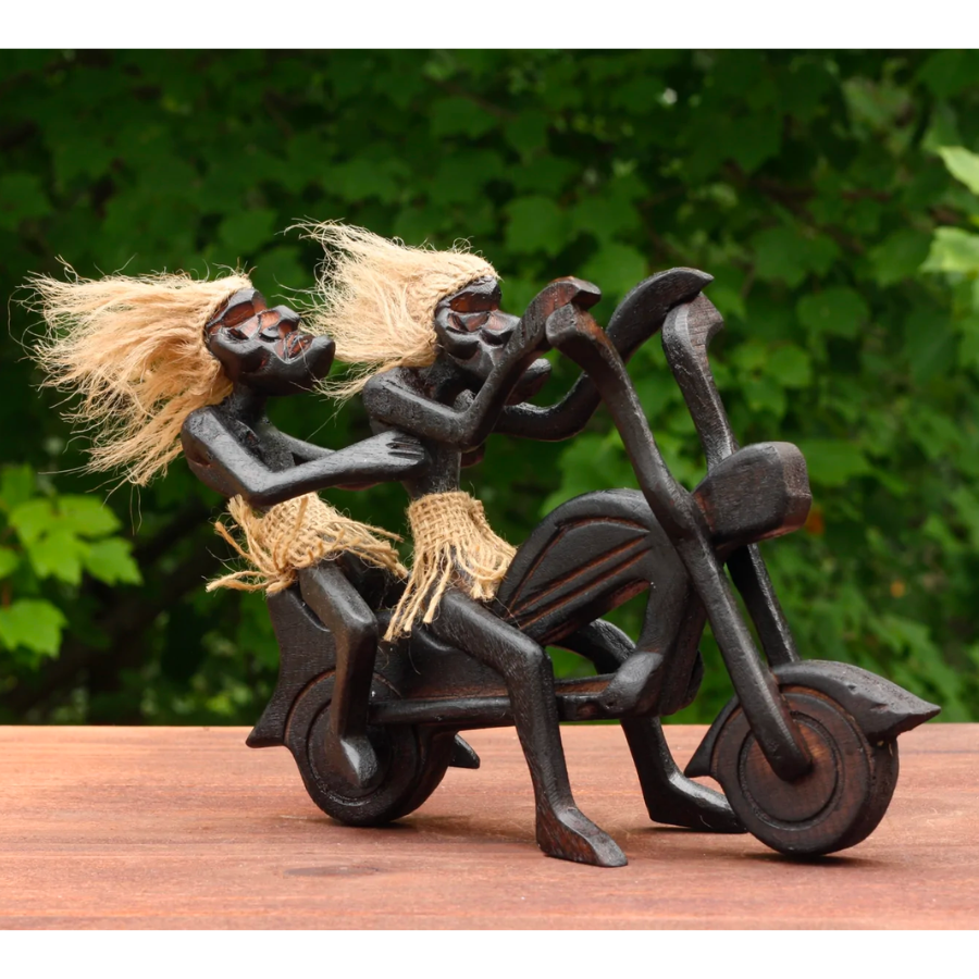 Handmade Wooden Primitive Tribal Funny Riding Harley Davidson Statue Motorcycle Sculpture Tiki Bar Unique Gift Wood Home Decor Figurine Hand Carved