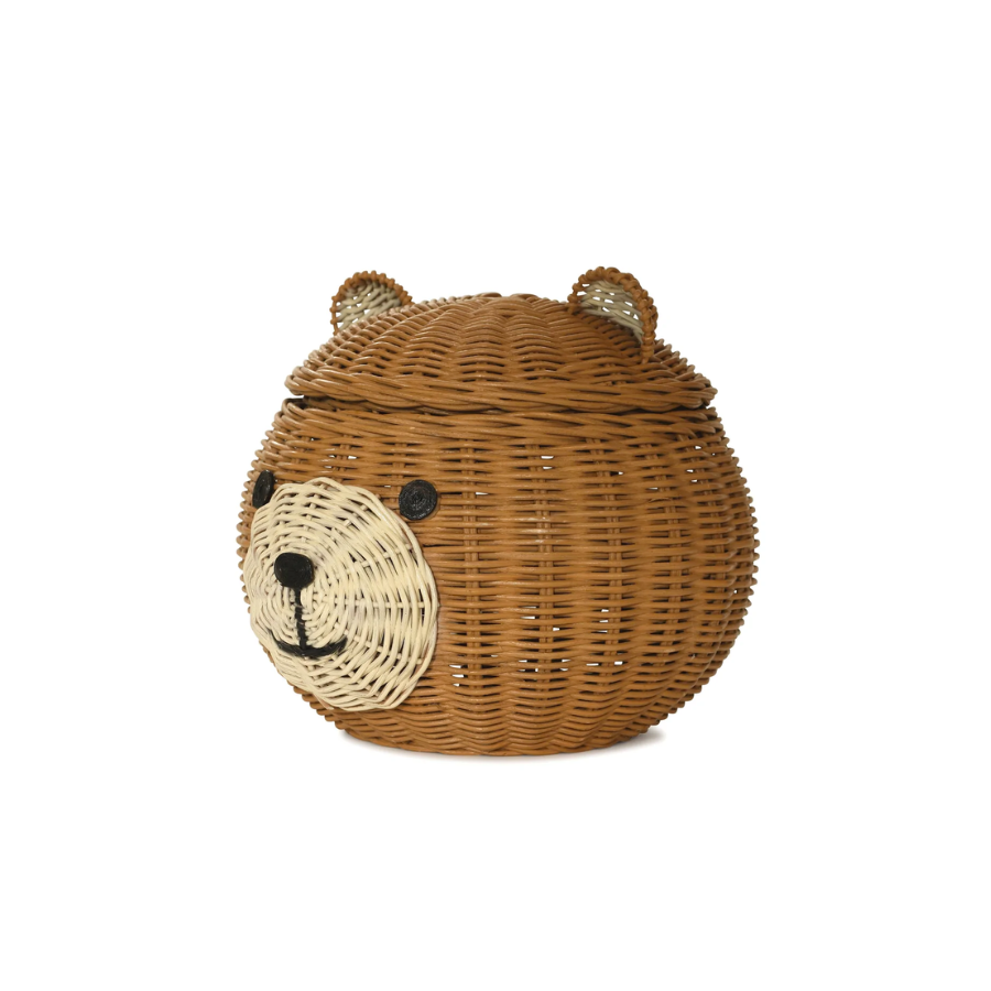 Bear Head Rattan Storage Basket with Lid Decorative Home Decor Hand Woven Shelf Organizer Cute Handmade Handcrafted Gift Art Decoration Artwork Wicker