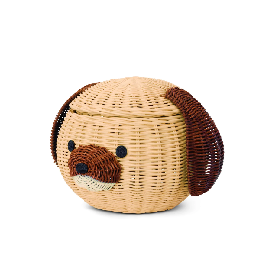 Dog Head Rattan Storage Basket with Lid Decorative Bin Home Decor Hand Woven Shelf Organizer Cute Handmade Handcrafted Gift Art Artwork Wicker Puppy