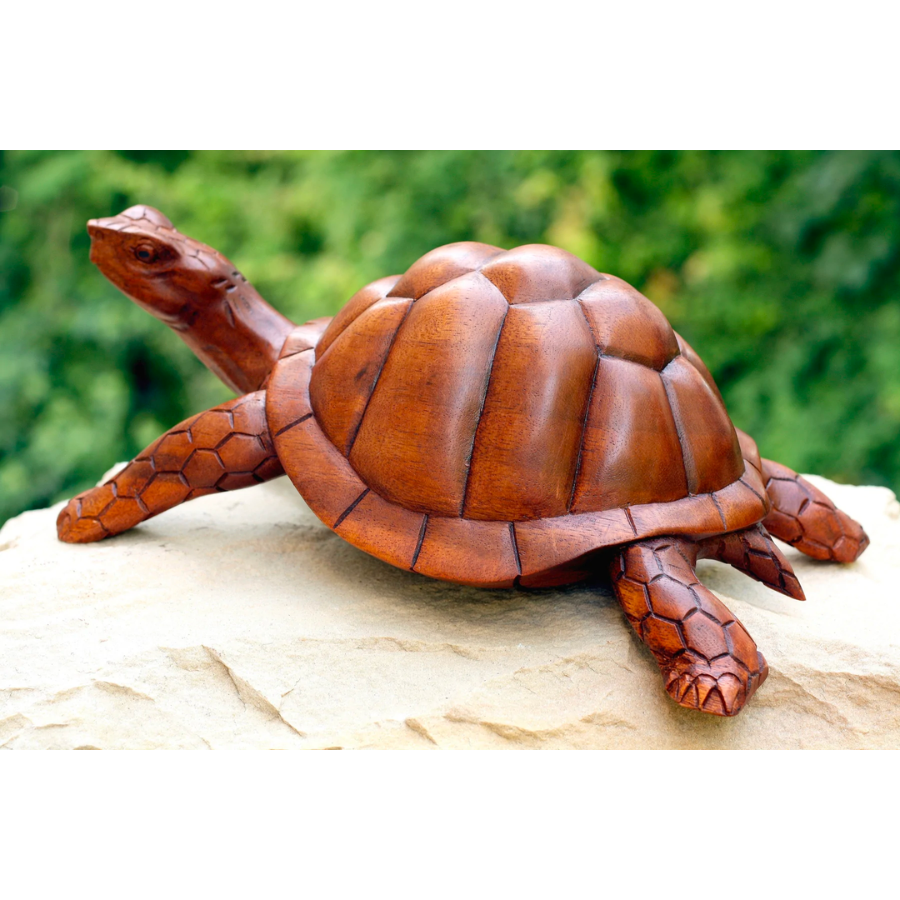 12" Large Wooden Tortoise Turtle Statue Hand Carved Sculpture Wood Home Decor Accent Figurine Handcrafted Handmade Seaside Tropical Nautical Coastal