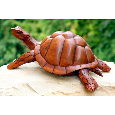 12" Large Wooden Tortoise Turtle Statue Hand Carved Sculpture Wood Home Decor Accent Figurine Handcrafted Handmade Seaside Tropical Nautical Coastal