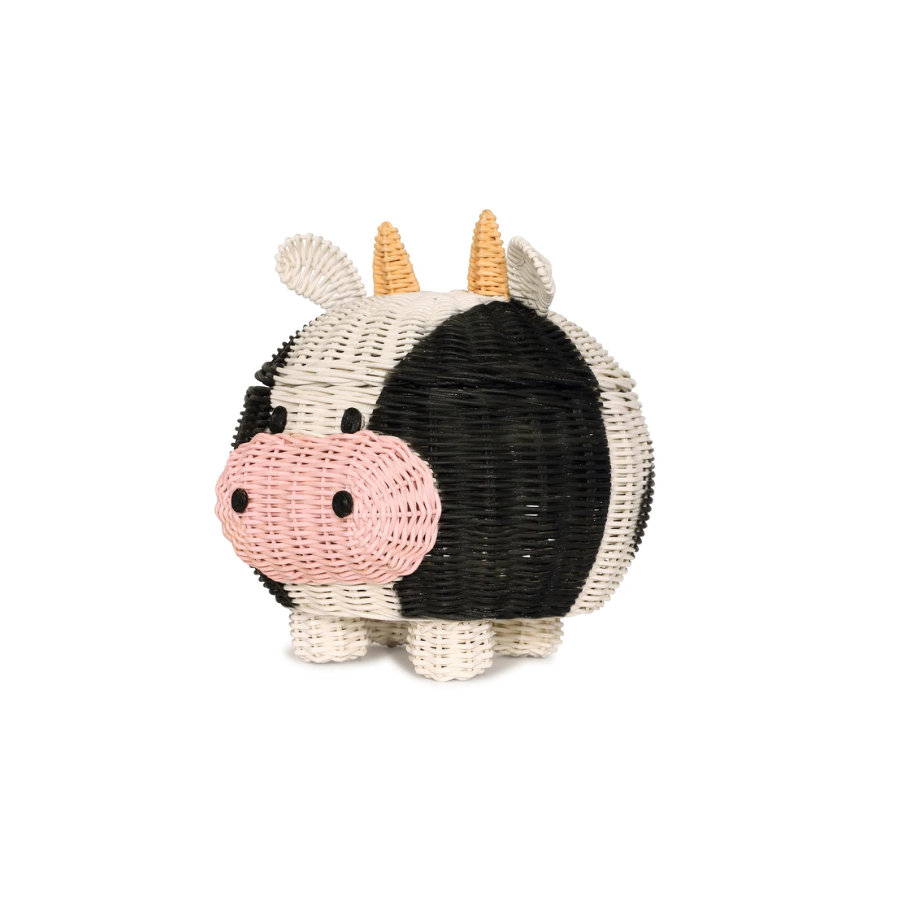 Cow Rattan Storage Basket with Lid Decorative Bin Home Decor Hand Woven Shelf Organizer Cute Handmade Handcrafted Gift Art Decoration Artwork Wicker