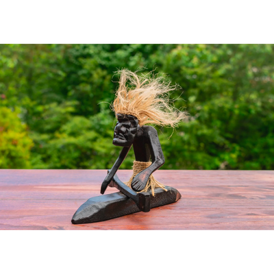 Handmade Wooden Primitive Tribal Kayaking Statue Canoe Funny Sculpture Tiki Bar Handcrafted Unique Gift Decor Accent Figurine Hand Carved
