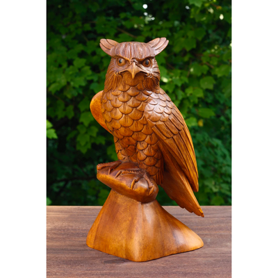 12" Large Wooden Handmade Owl Statue Handcrafted Figurine Art Home Decor Sculpture Wood Hand Carved Decorative Accent Decoration