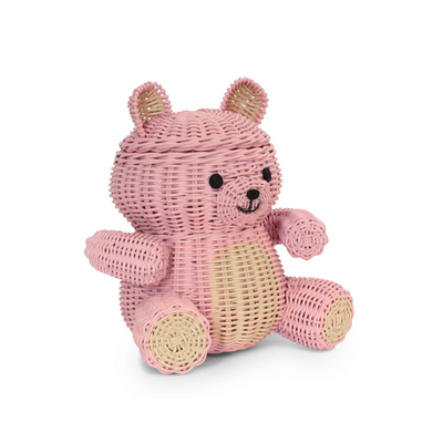 Pink Bear Rattan Storage Basket with Lid Decorative Home Decor Hand Woven Shelf Organizer Cute Handmade Handcrafted Gift Art Decoration Artwork Wicker