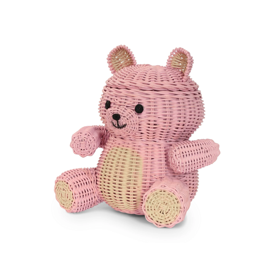 Pink Bear Rattan Storage Basket with Lid Decorative Home Decor Hand Woven Shelf Organizer Cute Handmade Handcrafted Gift Art Decoration Artwork Wicker