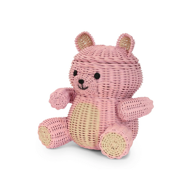 Pink Bear Rattan Storage Basket with Lid Decorative Home Decor Hand Woven Shelf Organizer Cute Handmade Handcrafted Gift Art Decoration Artwork Wicker