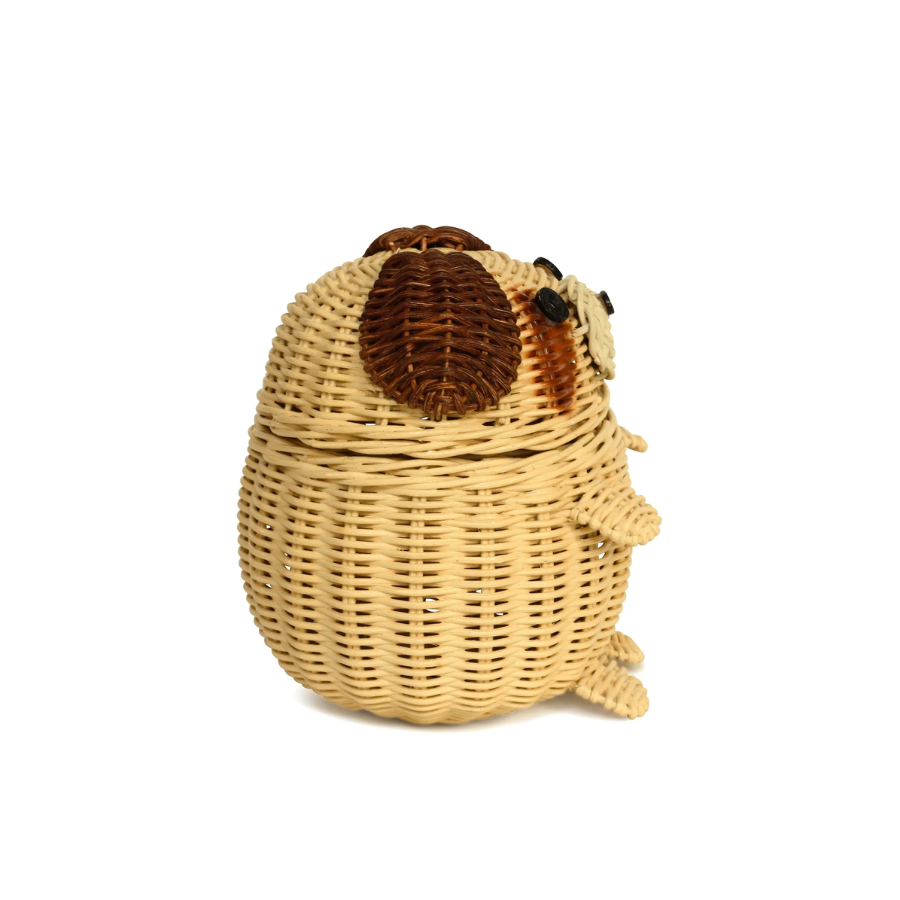 Dog Rattan Storage Basket with Lid Decorative Home Decor Hand Woven Shelf Organizer Cute Handmade Handcrafted Gift Art Decoration Artwork Wicker Puppy