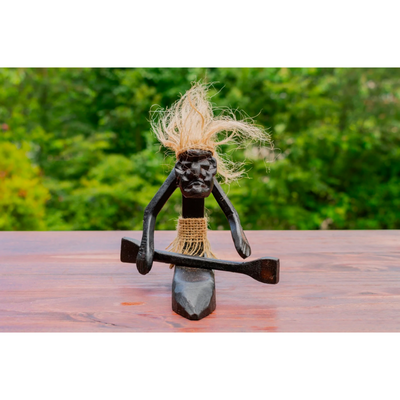 Handmade Wooden Primitive Tribal Kayaking Statue Canoe Funny Sculpture Tiki Bar Handcrafted Unique Gift Decor Accent Figurine Hand Carved