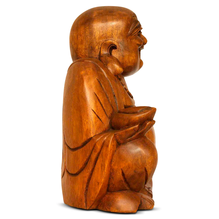 Wooden Laughing Happy Buddha Statue Hand Carved Smiling Sitting Sculpture Handmade Figurine Decorative Home Decor Handcrafted Art Decoration