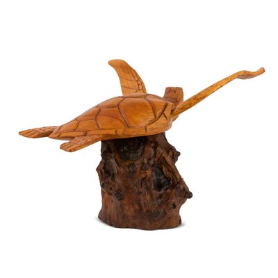 Wooden Hand Carved Turtle on Coral Statue Sculpture Wood Home Decor Figurine Handcrafted Handmade Seaside Tropical Nautical Ocean Coastal Tortoise