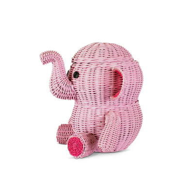Large Pink Elephant Rattan Storage Basket with Lid Decorative Home Decor Hand Woven Shelf Organizer Cute Handmade Handcrafted Gift Decoration Wicker