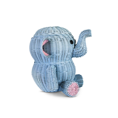 Large Blue Elephant Rattan Storage Basket With Lid Hand Woven Shelf Organizer Handmade Gift Wicker