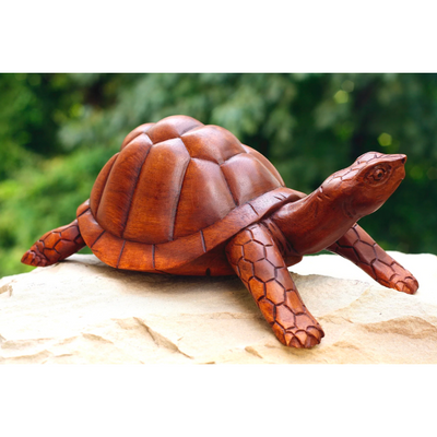 12" Large Wooden Tortoise Turtle Statue Hand Carved Sculpture Wood Home Decor Accent Figurine Handcrafted Handmade Seaside Tropical Nautical Coastal