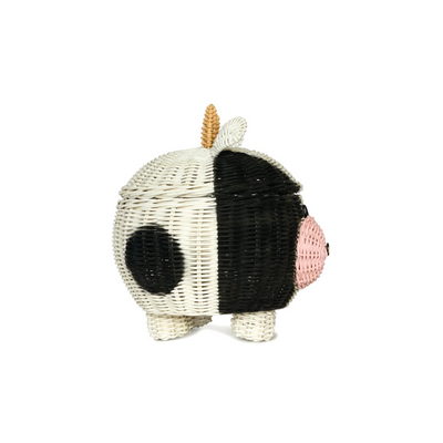 Cow Rattan Storage Basket with Lid Decorative Bin Home Decor Hand Woven Shelf Organizer Cute Handmade Handcrafted Gift Art Decoration Artwork Wicker