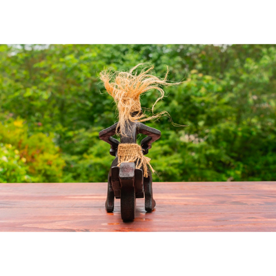 Handmade Wooden Primitive Tribal Funny Riding Motorsport Biker Statue Motorcycle Sculpture Tiki Bar Unique Gift Wood Home Decor Figurine Hand Carved