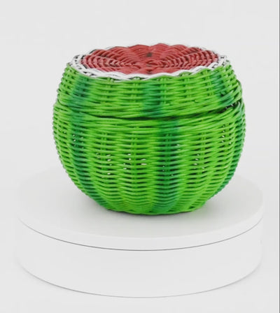 Hand Woven Watermelon Rattan Storage Basket with Lid Decorative Bin Home Decor Shelf Organizer Cute Handmade Handcrafted Gift Art Decoration Wicker