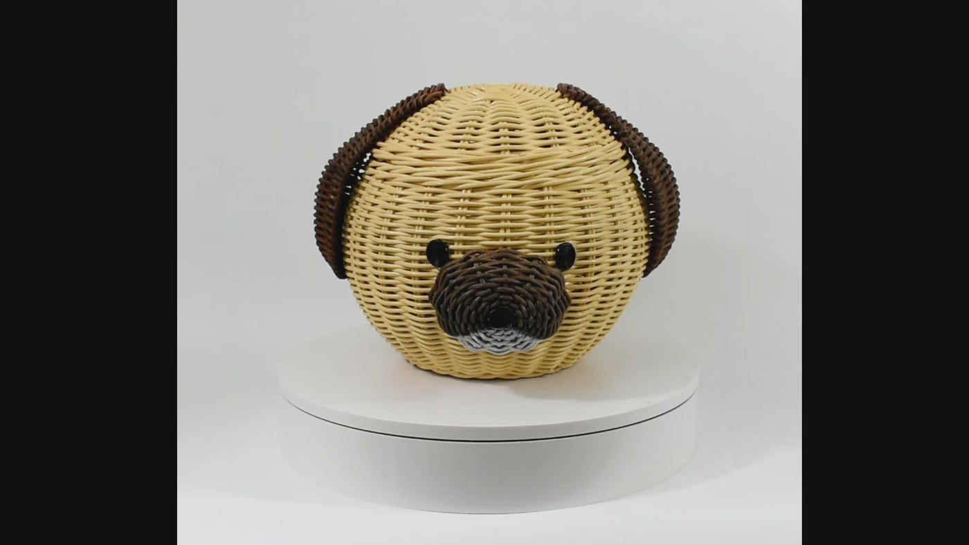 Dog Head Rattan Storage Basket with Lid Decorative Bin Home Decor Hand Woven Shelf Organizer Cute Handmade Handcrafted Gift Art Artwork Wicker Puppy
