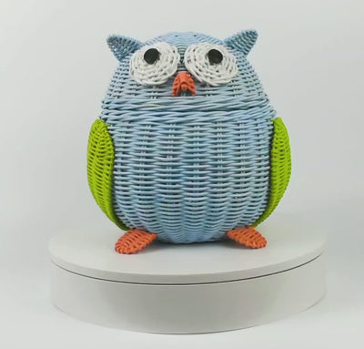 Blue Owl Rattan Storage Basket with Lid Decorative Home Decor Hand Woven Shelf Organizer Cute Handmade Handcrafted Gift Art Decoration Artwork Wicker