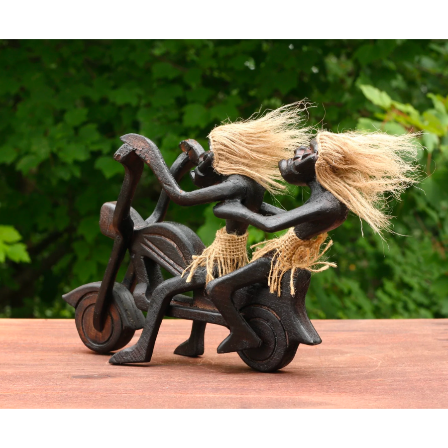 Handmade Wooden Primitive Tribal Funny Riding Harley Davidson Statue Motorcycle Sculpture Tiki Bar Unique Gift Wood Home Decor Figurine Hand Carved