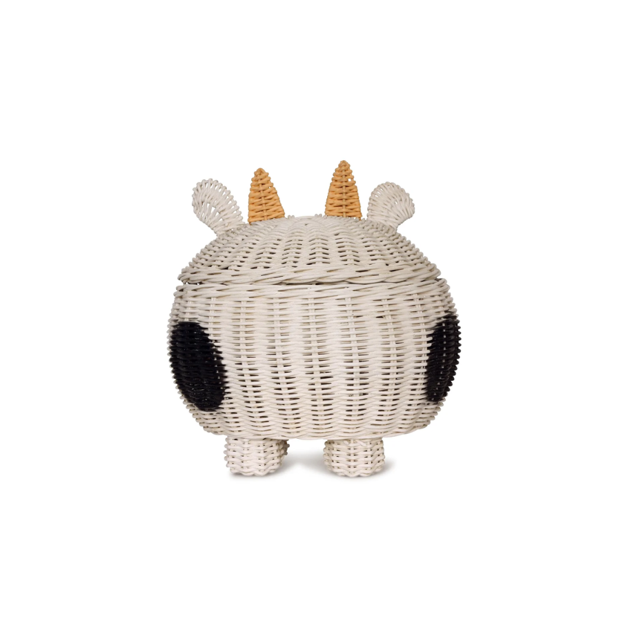 Cow Rattan Storage Basket with Lid Decorative Bin Home Decor Hand Woven Shelf Organizer Cute Handmade Handcrafted Gift Art Decoration Artwork Wicker