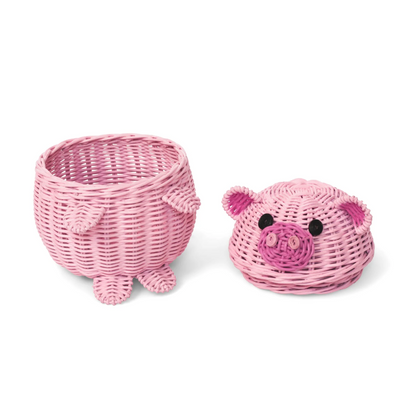 Pig Rattan Storage Basket with Lid Decorative Home Decor Hand Woven Shelf Organizer Cute Handmade Handcrafted Gift Decoration Artwork Wicker Piggy