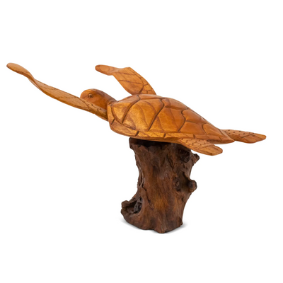 Wooden Hand Carved Turtle on Coral Statue Sculpture Wood Home Decor Figurine Handcrafted Handmade Seaside Tropical Nautical Ocean Coastal Tortoise